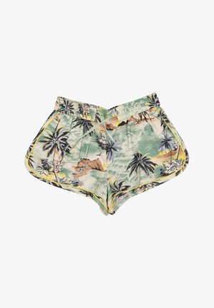 Shorts imprimés tropicaux vert clair avec palmiers, fleurs, taille élastique, cordon, poches latérales et bordure jaune le long des bords.