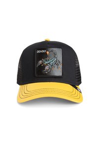 Black and yellow trucker cap with a scorpion patch, embroidered design, black mesh back, and curved brim. Features orange accents on the patch.