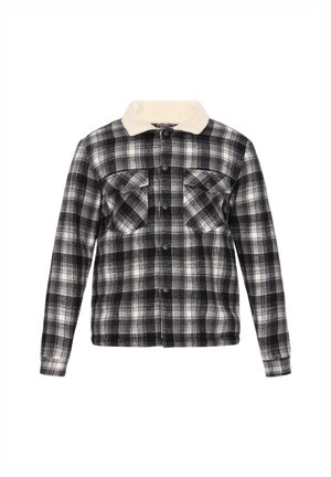 Black and white plaid jacket with button closure, two chest flap pockets, and a cream-colored sherpa collar.