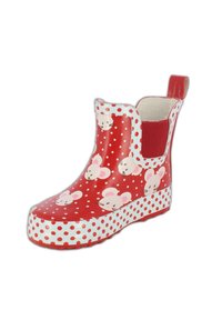 Botte de pluie en caoutchouc rouge avec des pois blancs et des motifs de souris. Elle possède une semelle texturée et un panneau latéral en élasthanne pour un enfilage facile.
