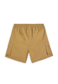 Khaki-shortsit, joissa on joustava vyötärö, kaksi sivutaskua ja läpän tasku vasemmalla puolella. Pehmeä pinta, kevyet kankaat.