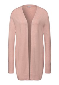 Ljusrosa öppen cardigan, tillverkad av mjukt stickat material. Har långa ärmar, ribbade ärmslut och en avslappnad passform utan knäppningar.