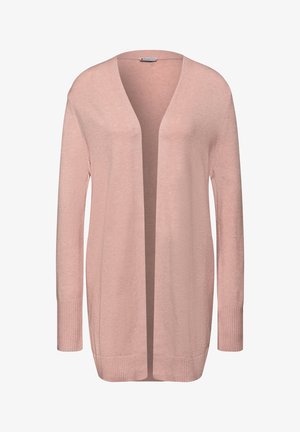 Lys pink åben cardigan lavet af blødt strikmateriale. Har lange ærmer, ribbede manchetter og en afslappet pasform uden lukninger.