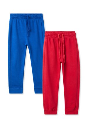 Due paia di pantaloni jogger: uno blu e uno rosso. Ognuno presenta una vita elastica, stringa di regolazione e polsini a coste. Tessuto morbido.