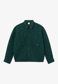 Σκούρο πράσινο επενδεδυμένο μπουφάν με κυκλικά σχέδια ραψίματος, μπροστά με κουμπιά, δύο τσέπες στο στήθος και κλασικό γιακά.