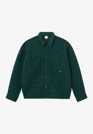 Donkergroen gevoerd jack met cirkelvormige stikpatronen, drukknoopsluiting aan de voorkant, twee borstzakken en een klassieke kraag.