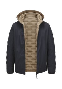 Schwarze Außenjacke mit beigem gesteppter Innenfutter und Kapuze, vorderer Reißverschluss teilweise geöffnet, lange Ärmel, isolierter Wintermantel.