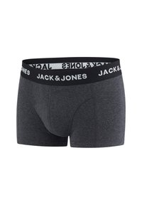 Heren boxershorts in donkergrijze katoenmix, met een zwarte elastische tailleband met witte "JACK & JONES" branding. Soepele textuur, aansluitend ontwerp.