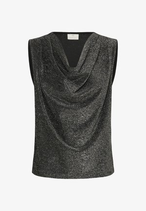 Haut noir sans manches avec un col drapé, confectionné en tissu métallique texturé, présentant un design drapé qui capte la lumière.