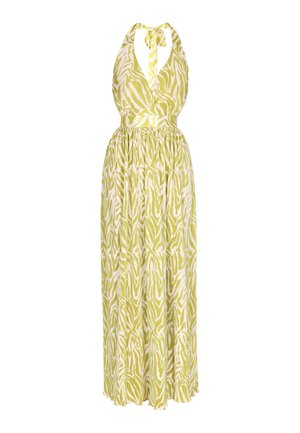Maxi obleka iz svetlo zelene tkanine z belim abstraktnim vzorcem. Oblika z vrvico okoli vratu s prilegajočim pasom in tekočim krilom.