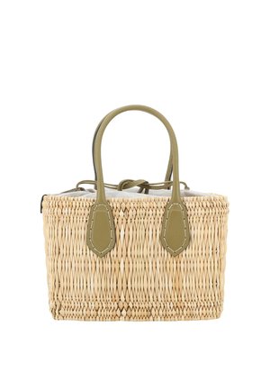 Woven rectangular handbag with olive green leather handles and accents, featuring a gray fabric drawstring closure inside.