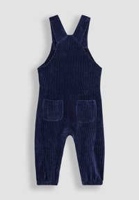 Marineblaue Corduroy-Latzhose mit strukturierten vertikalen Streifen, ausgestattet mit zwei Fronttaschen und breiten Schulterträgern.