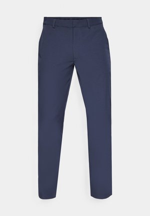 Navy blue trousers with a straight fit, featuring a smooth texture, belt loops, front pockets, and a clean waistband design.