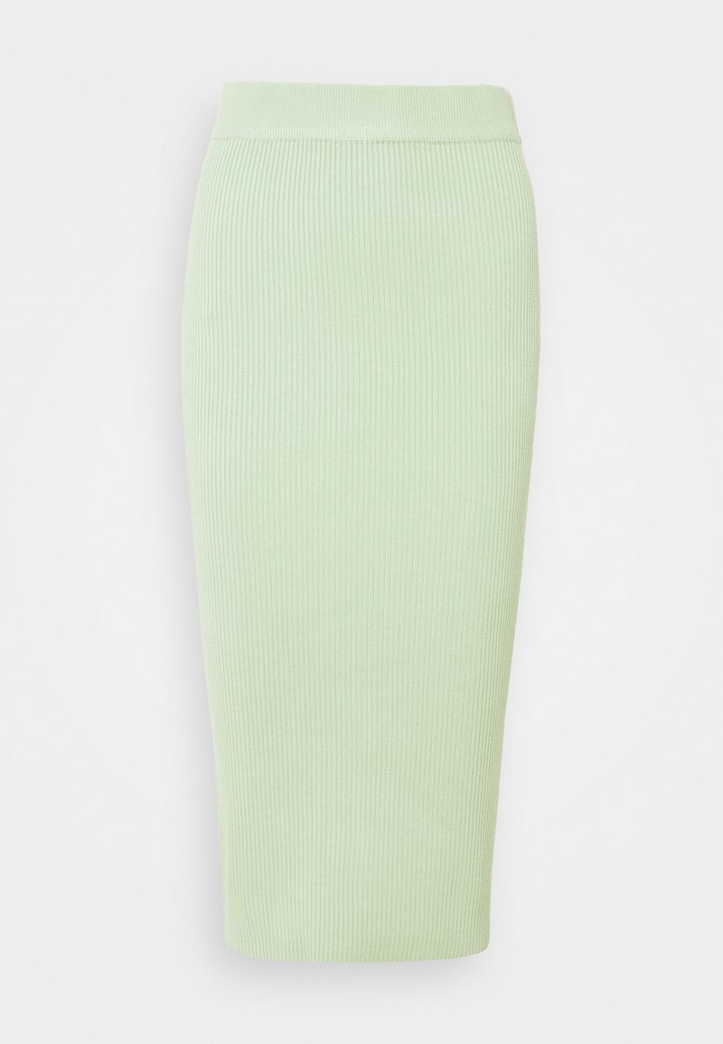 Ribbade blyertskjol i ljusgrön, med en figurnära silhuett och elastisk midja. Slät textur med en knälång design.