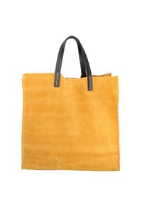 Geel suède tote tas met zwarte leren handvatten. Het ontwerp is vierkant van vorm en heeft zichtbare stiksels op de handvataccenten.