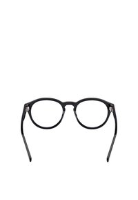 Musta pyöreä silmälasikehys, joka on valmistettu muovista ja siinä on kiiltävä pinta, ohuet sankat ja hopeiset yksityiskohdat saranoiden lähellä.