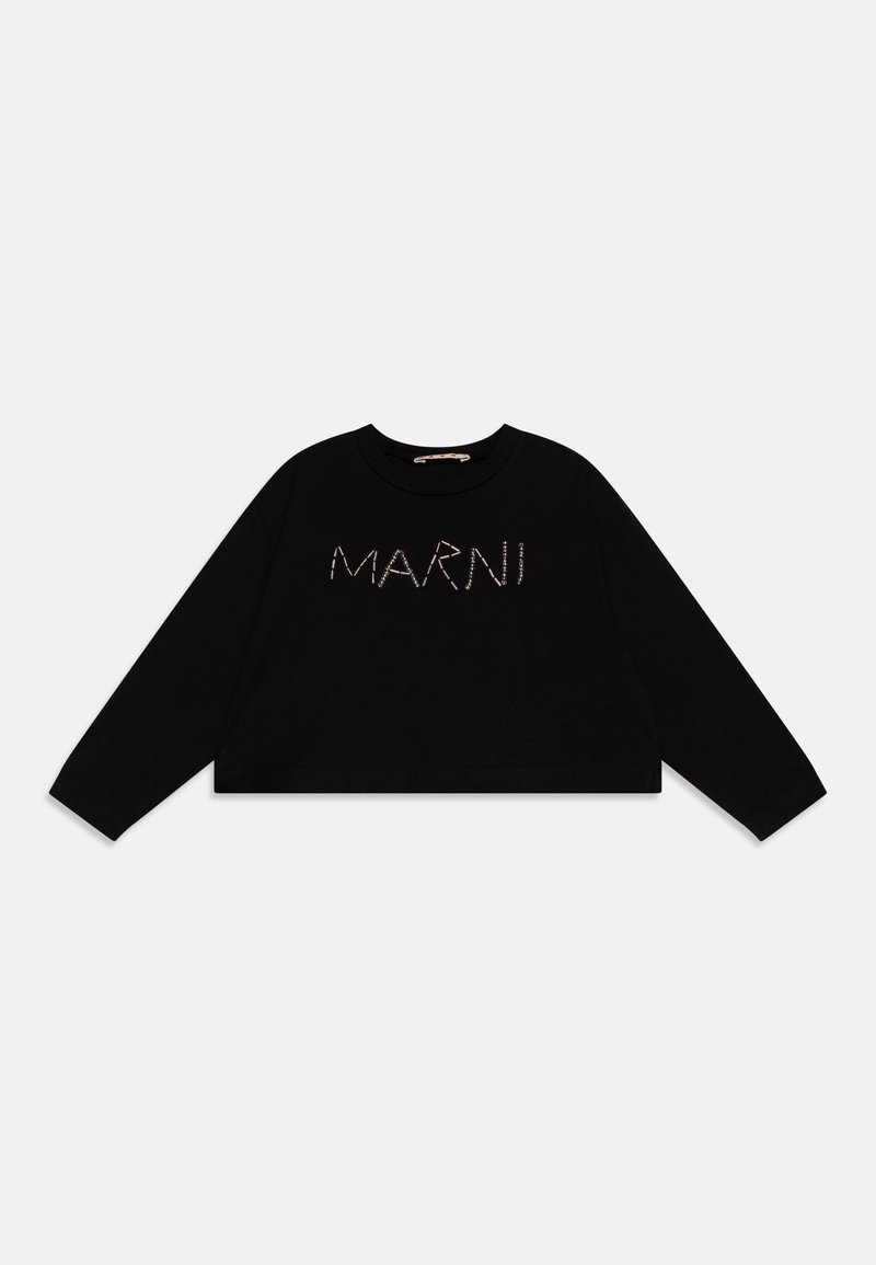 Rövidített fekete hosszúujjú pulóver, puha anyagból készült, az elején kontrasztos fémes betűkkel "MARNI" felirattal.