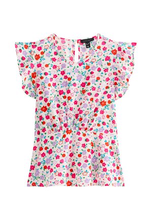 Top con stampa floreale in tessuto leggero, caratterizzato da maniche corte a volant, scollatura a V e vita elasticizzata in un mix di colori rosa, rosso e verde.