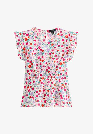 Top de estampado floral en tejido ligero, con mangas cortas y volantes, escote en V y cintura elástica en colores mezclados de rosa, rojo y verde.