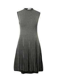 Schwarzes und weißes ärmelloses Kleid mit vertikalen Streifen, hohem Kragen, ausgestellter Silhouette und weichem, strukturiertem Stoff.
