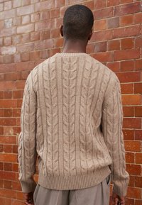 Pull beige en maille torsadée avec un motif texturé, col rond et poignets côtelés. Le motif présente des mailles alternant relief et plat.