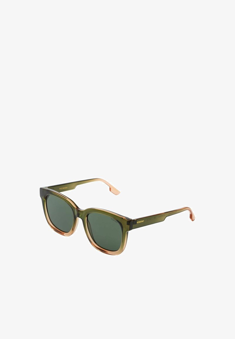 Groene en amber verloop zonnebril met rechthoekige lenzen en een stevige montuur. Bevat een subtiele gouden logo op de tempel.