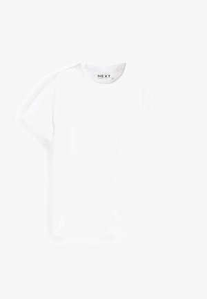Camiseta blanca de algodón con mangas cortas, cuello redondo y una textura suave. Presenta una etiqueta impresa "NEXT" en el interior del cuello.