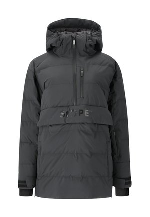 Schwarze Pufferjacke mit hohem Kragen und verstellbare Kapuze. Sie verfügt über einen halben Reißverschluss vorne, eine Fronttasche und ein strukturiertes Panel mit Logo.