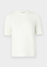 Pull en tricot blanc à manches courtes avec une texture côtelée. Présente un col rond et une coupe décontractée. Pas de motifs ni d'embellissements.