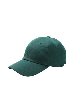 Green cotton baseball cap with a curved brim, stitched eyelets, and a fabric strap at the back for adjustable sizing.