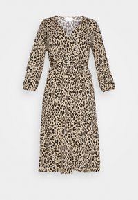 Zavinovací šaty s leopardím potiskem v béžové a černé barvě, s dlouhými rukávy, V-výstřihem a páskem na zavazování. Lehká látka s volným střihem.