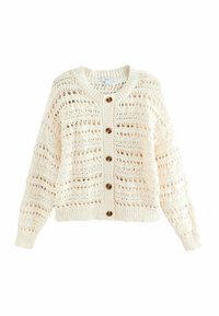 Cardigan tricoté en crème avec un motif ajouré, sept boutons sur le devant, larges poignets et un col rond. Coupe régulière avec un tissu texturé.