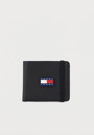 Black wallet with a textured surface and an elastic band. Features a rectangular color logo with blue, white, and red elements.
