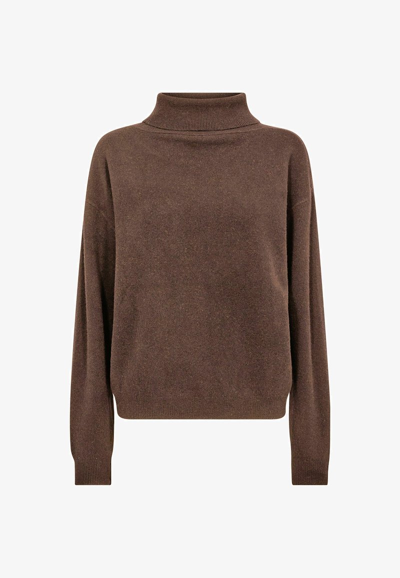 Pull marron à manches longues avec un col roulé haut et des poignets et un ourlet côtelés.
