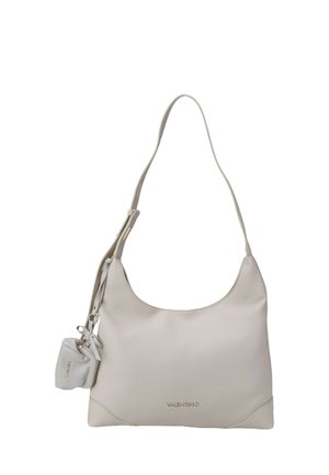 Sac à bandoulière Valentino en cuir beige clair avec une sangle unique et une petite pochette attachée sur le côté.