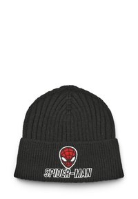 Czarna czapka z prążkowanej dzianiny z podwiniętym mankietem, z czerwonym, białym i czarnym logo Spider-Mana oraz napisem "SPIDER-MAN" haftowanym z przodu.