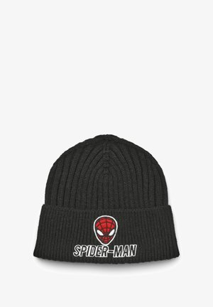 Beanie a coste nera con orlo piegato, caratterizzato da un logo di Spider-Man in rosso, bianco e nero con il testo "SPIDER-MAN" ricamato sulla parte frontale.