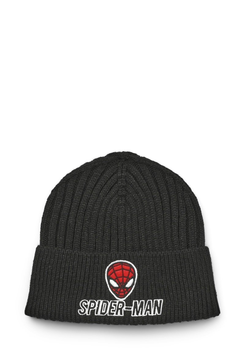 Czarna czapka z prążkowanej dzianiny z podwiniętym mankietem, z czerwonym, białym i czarnym logo Spider-Mana oraz napisem "SPIDER-MAN" haftowanym z przodu.