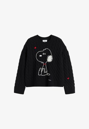 Zwarte gebreide trui met een kabelpatroon, voorzien van een geborduurd ontwerp van Snoopy in het wit en rode hartaccenten op de mouwen.