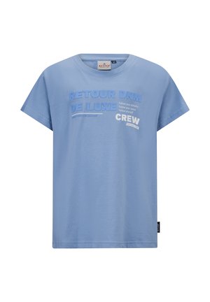 Helles blaues Baumwoll-T-Shirt mit kurzen Ärmeln und Rundhalsausschnitt. Verfügt über auffällige weiße und dunklerblaue Textdesigns, einschließlich des Markennamens und Phrasen.
