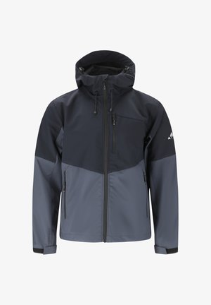 Heren waterdichte capuchonjas in tweekleurig zwart en grijs met ritszakken aan de voorkant en op de borst en verstelbare manchetten.