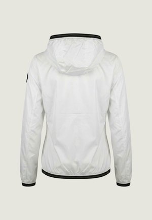 Bílá lehká bunda s kapucí a černým lemováním na manžetách a spodním okraji, zobrazená zezadu na jednobarevném pozadí.