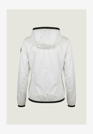 Giacca leggera bianca con cappuccio e rifiniture nere su polsini e orlo, mostrata dalla parte posteriore su sfondo semplice.