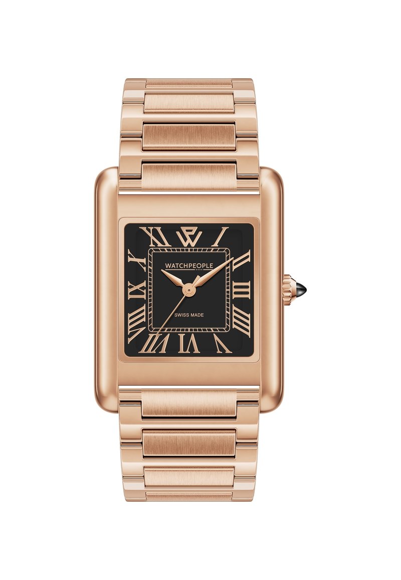 Reloj rectangular de oro rosa con esfera negra, números romanos y pulsera de eslabones metálicos. Presenta una pequeña corona con un acento negro.