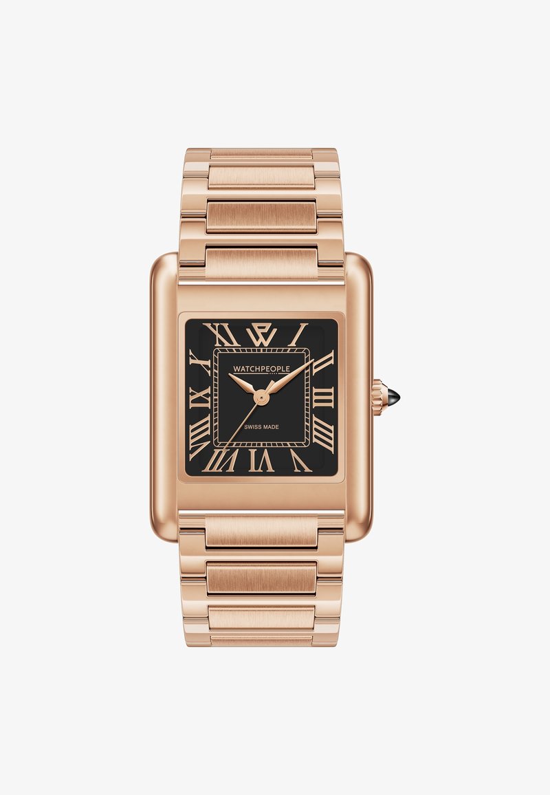 Rožinio aukso stačiakampis laikrodis su juodu ciferblatu, romėniškais skaičiais ir metaline nuorodų apyranke. Yra mažas kronšteinas su juodu akcentu.