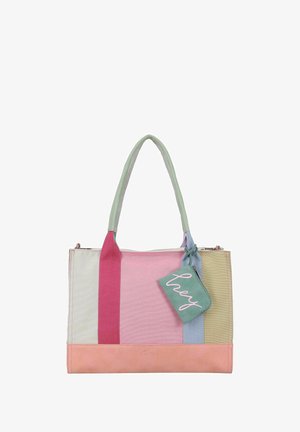 Sac fourre-tout à panneaux verticaux rose, beige et vert pâle, équipé de deux poignées et d'une petite pochette verte attachée portant l'inscription « hey » en rose.