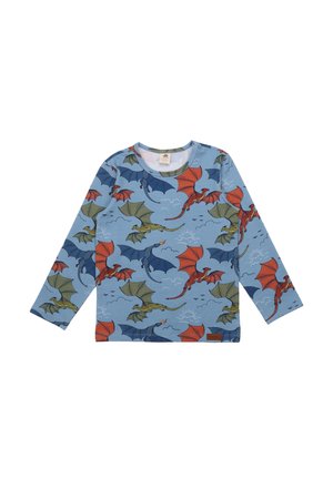 Blue long-sleeve children's shirt with a pattern of red, green, and blue dragons flying among clouds and birds.