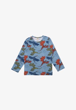 Blue long-sleeve children's shirt with a pattern of red, green, and blue dragons flying among clouds and birds.