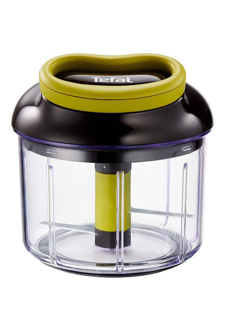 Hachoir Tefal avec un bol en plastique transparent, un couvercle noir et une poignée verte. Équipé d'une lame centrale, conçu pour un traitement efficace des aliments.