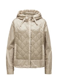 Beige Steppjacke mit Kapuze, die horizontale Wellenmuster aufweist, Druckknopfverschluss und verstellbare Kordelzüge an der Kapuze hat. Weiche, glatte Textur.